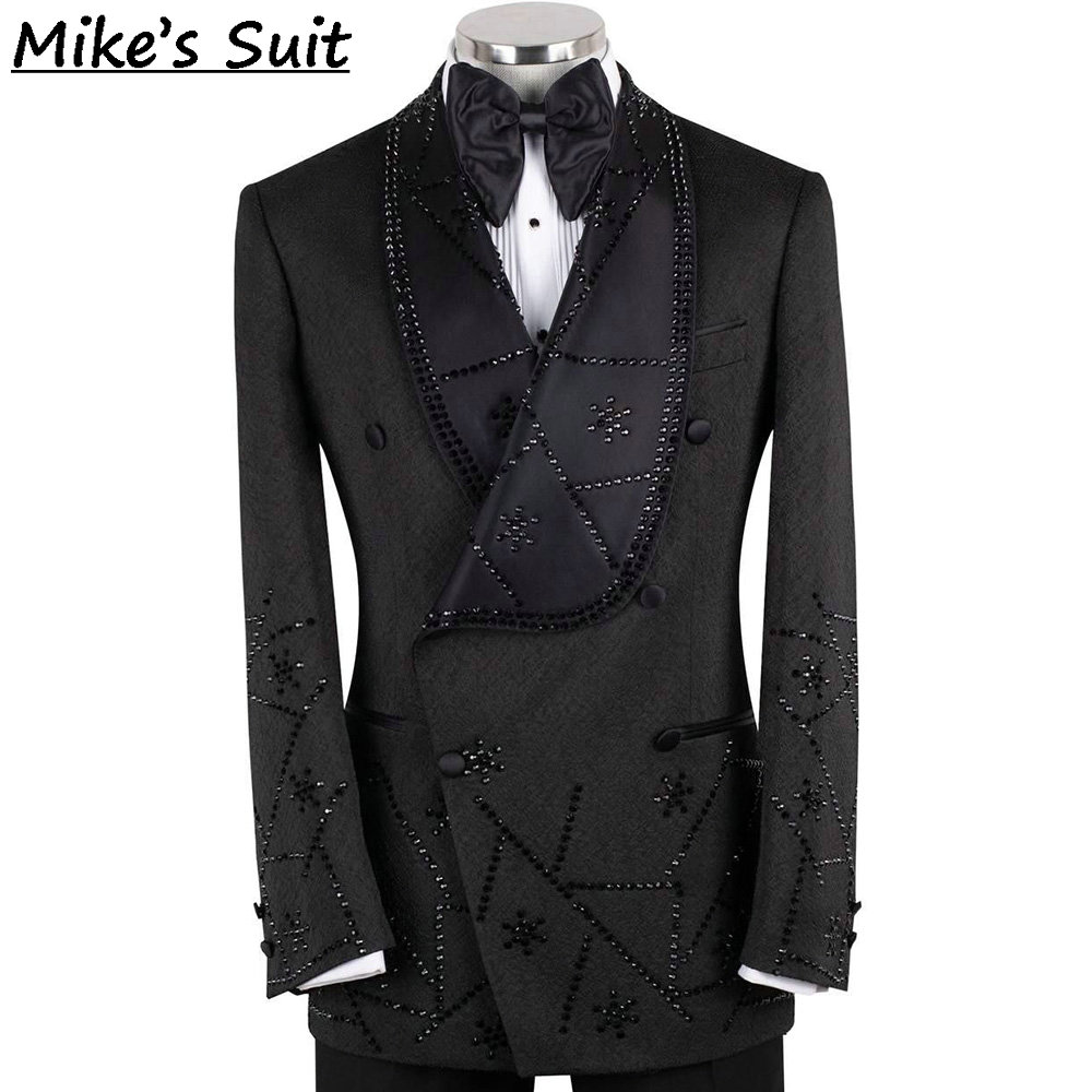Black Jacquard Gems Beading 2  - Men Formal Wear For Dinner 评论和价格