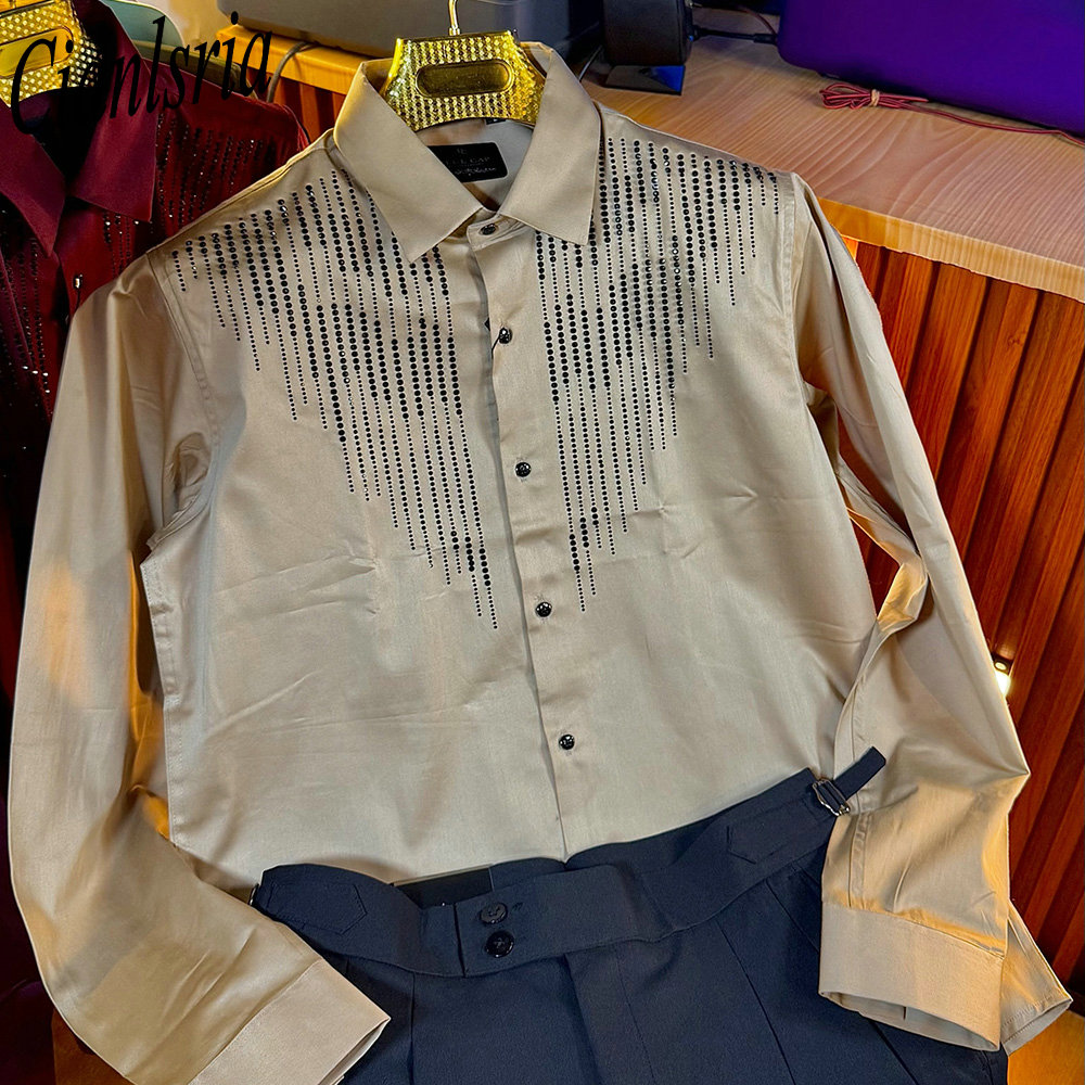 Men Luxury Vertical Rhinestone - Men Formal Party Wear Shirt 评论和价格