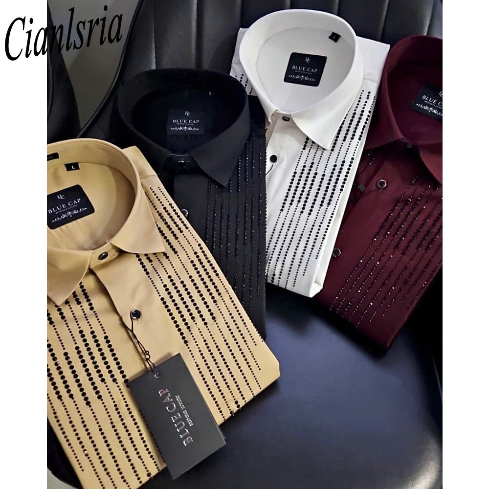 Men Luxury Vertical Rhinestone - Men Formal Party Wear Shirt 评论和价格