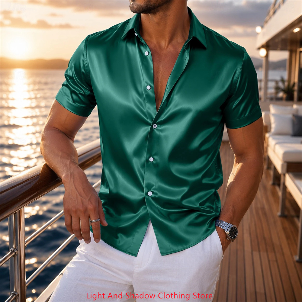 Men's Satin Short Sleeved Shir - Men Formal Party Wear Shirt 评论和价格