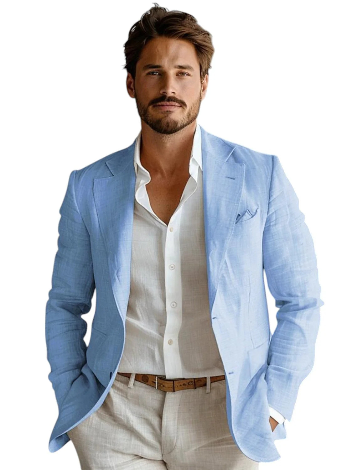 Blue Slim Fit Men's Linen Blaz - Formal Men Party Wear Jacket 评论和价格